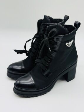 Prada Black Leather & Nylon Lace-Up Block Heel Ankle Boots